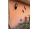 Textured exterior wall featuring decorative lizards, an outdoor light fixture, and natural landscaping at 13017 Club Dr, Hudson, FL 34667