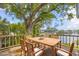 Inviting outdoor dining area on a wooden deck, shaded by a grand tree with a waterfront view at 2002 8Th W St, Palmetto, FL 34221