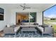 Comfortable outdoor patio seating with ceiling fan, overlooking the backyard at 5240 Bentgrass Way, Bradenton, FL 34211