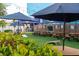 Outdoor seating area with umbrellas and picnic tables at 5600 Beach Way Dr # 201, Sarasota, FL 34242