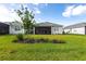 Lush backyard with green grass, landscaping, and a covered patio for outdoor enjoyment at 8148 Sternway Rd, Sarasota, FL 34240