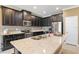A modern kitchen featuring dark wood cabinets, stainless steel appliances, an island, and quartz countertops at 18620 Cortes Creek Blvd, Spring Hill, FL 34610
