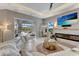 Living room featuring a modern fireplace and access to an outdoor lanai with a seating area at 3574 Recurve Cir, Sarasota, FL 34240
