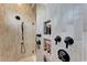 Tiled shower with modern fixtures and built-in shelving for toiletries at 3574 Recurve Cir, Sarasota, FL 34240