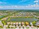 Expansive aerial view showcases a serene lakeside community with well-maintained homes and lush green landscaping at 5740 Eagle Creek Rd, Sarasota, FL 34238