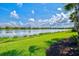 Lush green backyard with a tranquil lake view, well-maintained lawn, and mature landscaping for serene outdoor enjoyment at 5740 Eagle Creek Rd, Sarasota, FL 34238