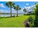 Lush green backyard with mature palm trees, tranquil lake view, and meticulous landscaping for outdoor enjoyment at 5740 Eagle Creek Rd, Sarasota, FL 34238