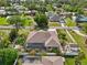 Backyard aerial view showcasing a pool, lush landscaping, outdoor firepit, and patio at 5988 Viola Rd, Venice, FL 34293