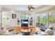 Relaxing living room featuring comfortable seating, a ceiling fan, and a view of the outdoor pool and patio at 7081 Grassland Ct, Sarasota, FL 34241