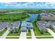 Breathtaking aerial view of a two-story home with a lake view and well-manicured landscaping at 8264 Summer Night Rd, Sarasota, FL 34241