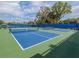 Outdoor pickleball courts with blue playing surfaces and green perimeters surrounded by trees and blue fencing at 12682 Shimmering Oak Cir, Venice, FL 34293