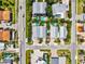 Overhead shot showcasing homes with lush landscaping and pools, adjacent to a neighborhood road at 145 50Th St, Holmes Beach, FL 34217
