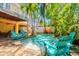 Stunning pool area with tropical foliage, surrounded by a brick patio and comfortable blue chairs at 145 50Th St, Holmes Beach, FL 34217
