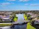 Aerial view of homes on canal with lush tropical landscaping, bridge and beautiful blue sky at 5368 Eliseo St, Sarasota, FL 34238