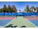 Outdoor pickleball court with blue and green playing surface, fenced and well-maintained for recreation at 6714 Alstead Cir, Bradenton, FL 34202