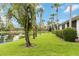 Landscaped backyard featuring a serene pond view with palm trees enhancing the outdoor space at 7926 Woodpointe Ct # 29, Sarasota, FL 34238
