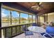 Inviting screened patio with lake view, ceiling fan, and cozy seating area, perfect for relaxing outdoors at 7926 Woodpointe Ct # 29, Sarasota, FL 34238