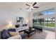 Bright living room featuring high ceilings, a ceiling fan, and sliding glass doors at 12031 Longview Lake Cir, Lakewood Ranch, FL 34211
