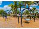 Charming playground area featuring swings, slides, and other equipment, set amidst lush greenery and palm trees at 12031 Longview Lake Cir, Lakewood Ranch, FL 34211