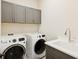 Well-equipped laundry room with modern appliances, sink, and gray cabinets for storage at 13606 Deep Blue Pl, Bradenton, FL 34211