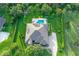 A stunning aerial view of the home, pool, fire pit, and manicured landscaping at 22343 Panther Loop, Bradenton, FL 34202