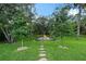 Beautiful backyard fire pit area with chairs and stone pathway, surrounded by lush green landscaping at 22343 Panther Loop, Bradenton, FL 34202