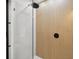 Modern shower featuring wood wall accent, black hardware and glass door at 2430 Catalonia S Way, St Petersburg, FL 33712