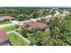 Aerial view of the home, showcasing the roof with solar panels, screened-in pool and lush backyard at 5359 90Th Avenue E Cir, Parrish, FL 34219