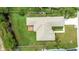 Aerial view showcases the home's backyard with patio and adjacent creek and lush landscaping at 9402 71St E Ave, Palmetto, FL 34221