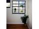 Stylish window with black trim provides natural light, showcasing interior plants and hardwood flooring at 137 Woodland Pl, Osprey, FL 34229