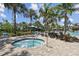 Community hot tub with a safety railing, surrounded by tropical landscaping, and a nearby pool at 208 Ariano Ave, Nokomis, FL 34275