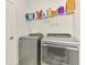 Modern laundry room with gray front-load washer and dryer and shelving above at 2546 Malibu Ln, North Port, FL 34286