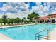 Community pool with lounge chairs and umbrellas and view of a shaded building with terracotta tile roof at 3504 Big Sky Way, Bradenton, FL 34211