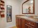 Bathroom with a brown vanity, decorative mirror, and a glimpse of the shower at 3621 S Lockwood Ridge Rd, Sarasota, FL 34239