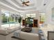 Bright living room boasts tile floors, ceiling fan, large TV, and access to pool area through sliding glass doors at 6811 Honeysuckle Trl, Lakewood Ranch, FL 34202