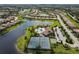 Aerial view of community with lake, club house, pickleball courts, and many homes at 7140 Marsh View Ter, Bradenton, FL 34212