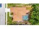 Aerial view of a home featuring a screened-in pool, landscaped yard, and a well-maintained roof at 743 Stonecrest Dr, Sarasota, FL 34232