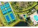 Aerial view of tennis courts, playground and swimming pool in recreation area at 8772 Stone Harbour Loop, Bradenton, FL 34212