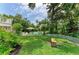 Expansive backyard with lush green grass, mature trees, a stone bench, and a glimpse of the swimming pool at 8963 Fishermens Bay Dr, Sarasota, FL 34231
