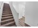 Carpeted staircase with hardwood floors in the hallway, showcasing modern design at 10611 Ladybug Cv, Parrish, FL 34219