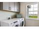 Bright laundry room with a front-load washer and dryer, upper cabinets, and a window view at 17904 Tavernside Trl, Bradenton, FL 34211