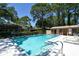 Inviting community pool featuring clear blue water, surrounding trees, and comfortable lounge chairs for relaxation at 4555 Chandlers Forde # 47, Sarasota, FL 34235