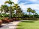 Beautifully landscaped walking path with lush green grass, palm trees, and vibrant flowers at 4949 Savona Run, Bradenton, FL 34211
