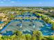 Aerial view of a community with several outdoor tennis courts and shady palm trees at 6791 Alstead Cir, Bradenton, FL 34202