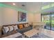 A bright living room features a gray couch, piano, sleek ceilings, and a view of the lanai at 7325 Skybird Rd # 399, Bradenton, FL 34209