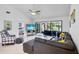 Bright living room featuring tile floors, a modern sectional sofa, and sliding glass doors with a lake view at 3362 Sandleheath # 12, Sarasota, FL 34235