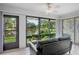Bright sunroom with a peaceful pond view, tile floors, and a comfortable black couch at 3362 Sandleheath # 12, Sarasota, FL 34235