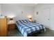 Bedroom featuring a blue and white quilt, lamps, and neutral carpet at 3818 Chris Dr, Wesley Chapel, FL 33543