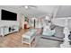 Comfortable living room featuring a gray sofa, wood floors, and stylish decor at 3876 Catalina Dr, Bradenton, FL 34210