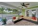 Relaxing covered patio with outdoor seating, ceiling fan, and a view of the lush backyard and pool at 7727 9Th Avenue Nw Dr, Bradenton, FL 34209